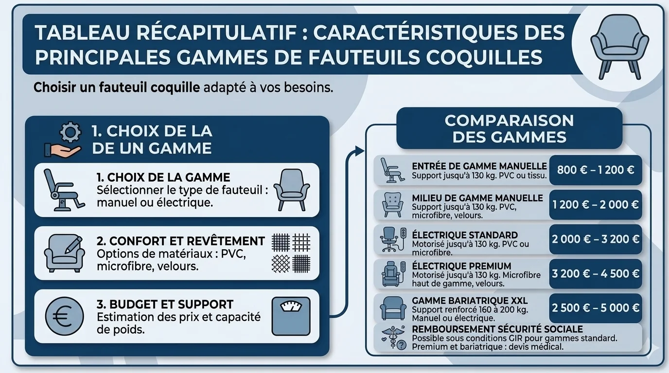 Tableau récapitulatif : caractéristiques des principales gammes de fauteuils coquilles