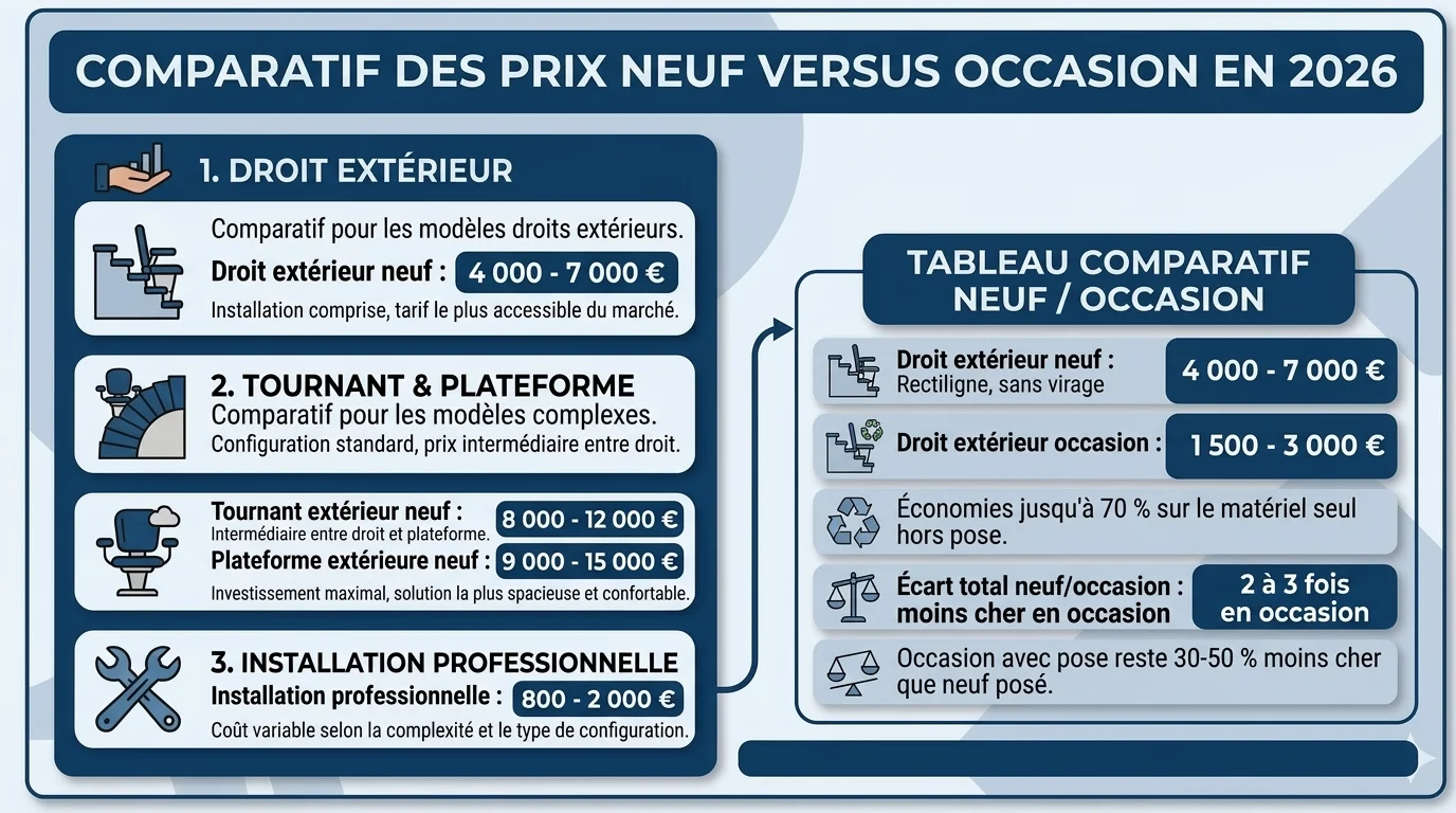 Monte escalier extérieur d'occasion : prix, risques et alternatives 2026