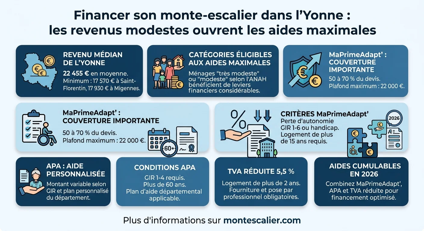 Financer son monte-escalier dans l'Yonne : les revenus modestes ouvrent les aides maximales